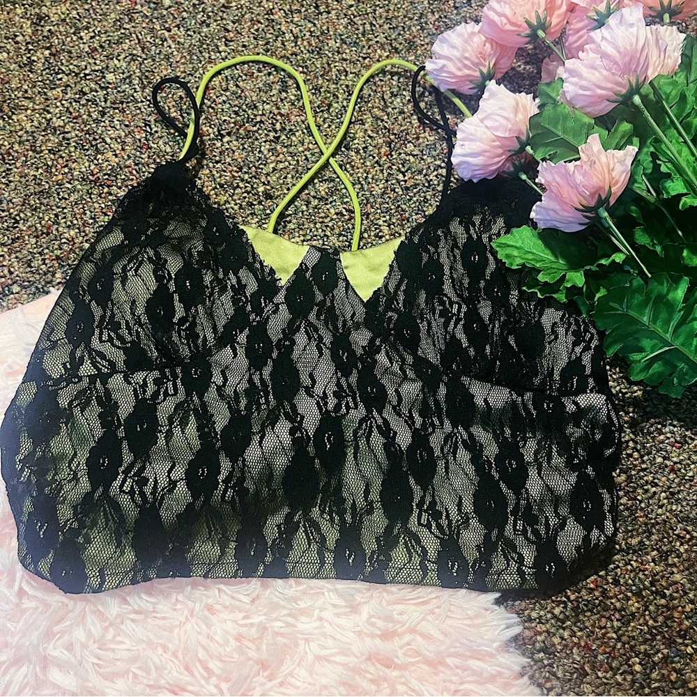 Y2K Fairycore Goblincore Cider Black and Green Lace Crop Tank Top Sz S